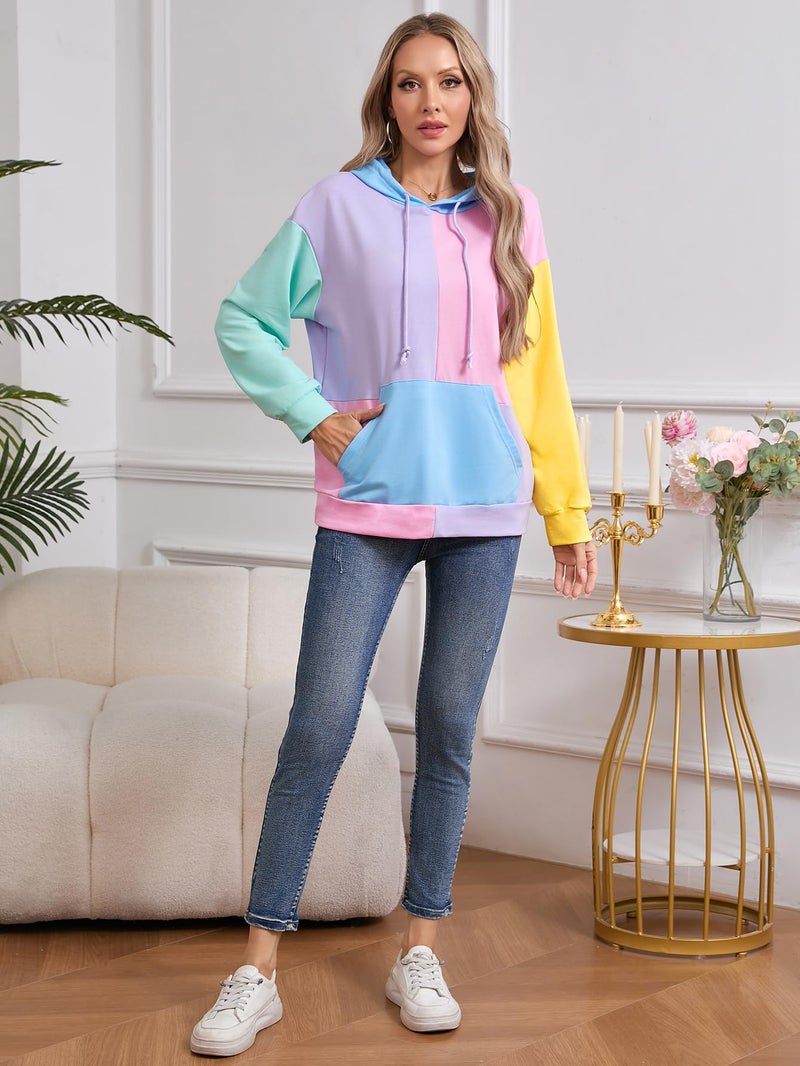SweatyRocks Women's Cute Color Block Drawstring Hoodies Long Sleeve Pullover Hooded Sweatshirts Top Purple Pink X-Large - Image 5
